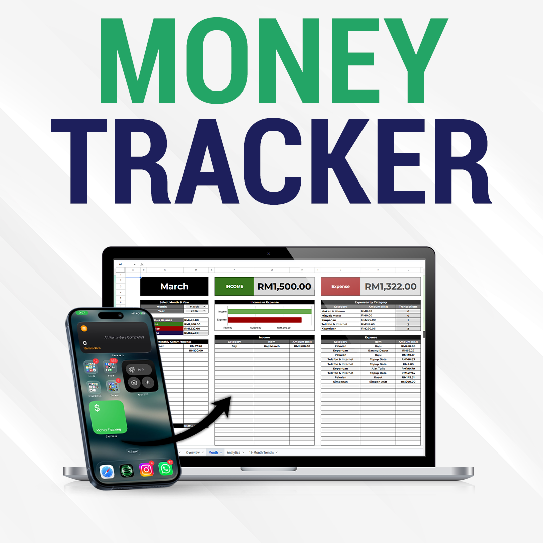 Poster Money Tracker: paparan template Google Sheets pada komputer riba dan telefon.